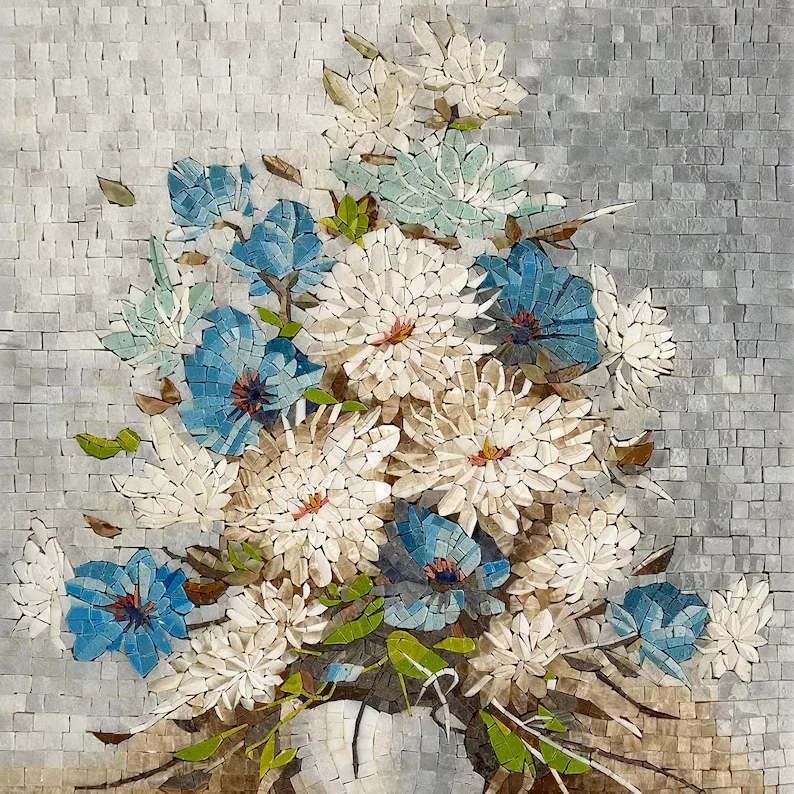 White And Blue Mosaic Floral Wall Tiles For Kitchen Backsplash Mosaic Marble Art For New Home Interior Decor