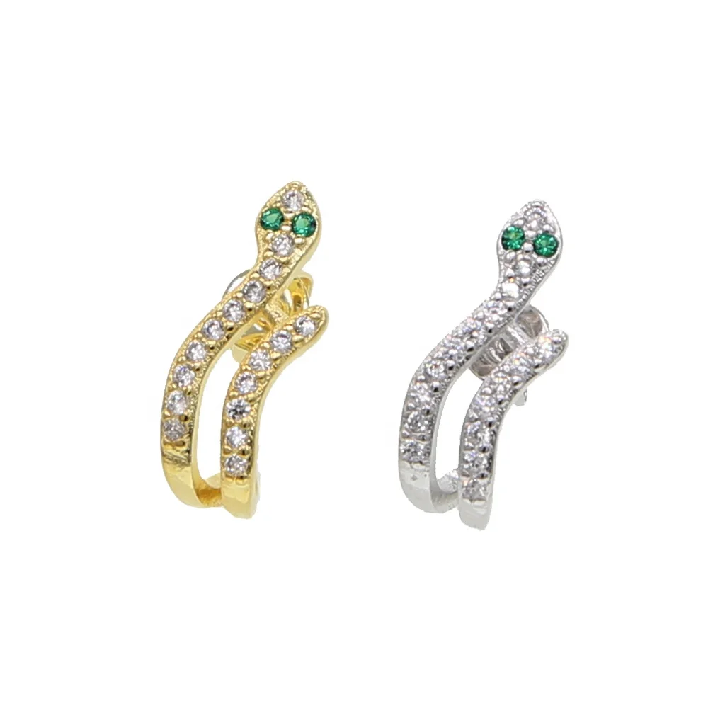 hot fashion dainty cute minimal Snake earring with green cz paved eye earring with gold Silver plated paved wedding earring