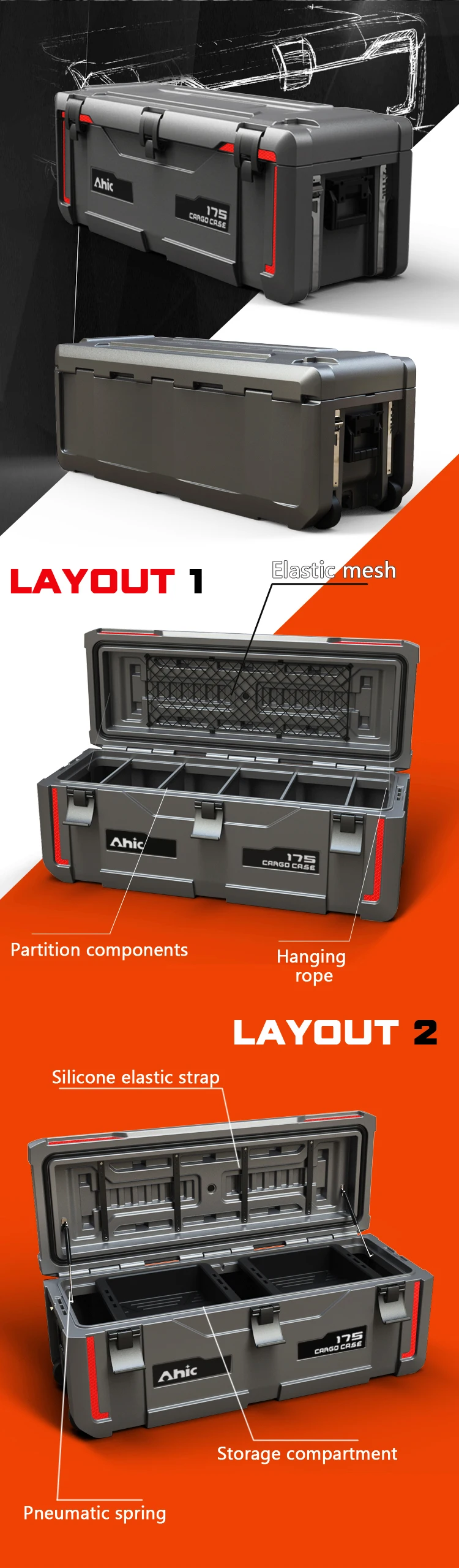 AHIC TH175 Large 175L Capacity Multi-Function Accessory Box Waterproof Cargo Case Camping Tools Customizable OEM Plastic Case