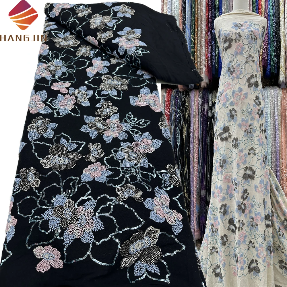 Black Heavy Beaded Lace Fabric With Sequin Luxury 3D Flower Lace Fabric Embroidery Cotton Lace Fabric For Women Party Dress