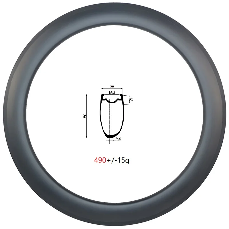 
490g 700c 50mm deep clincher tubeless asymmetric hook road bike carbon rim 25mm wide basalt V brake UD 3K matte glossy 16-36H 