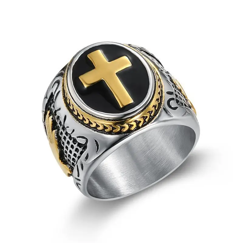 Hop Hip Stylish Stainless Steel Gold Plated Prayer Hand Of God Cross Retro Rings For Men