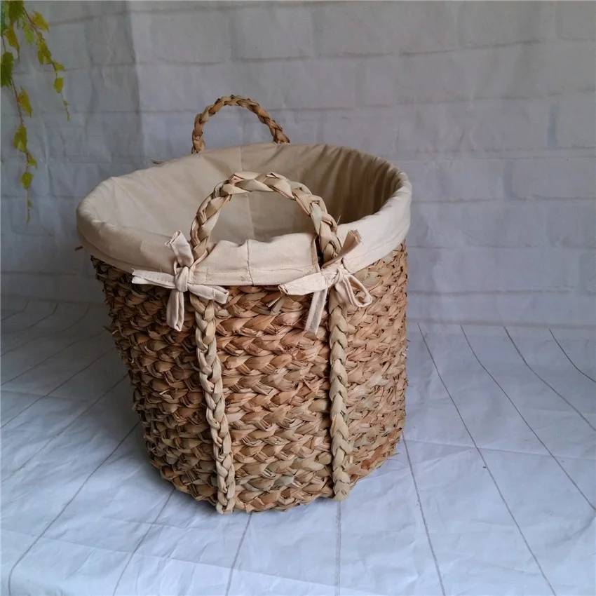 Handmade grass woven storage basket with handles lining cloth removable and washable dirty clothes laundry storage basket