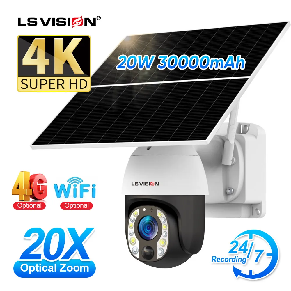 LS VISION 5MP PTZ Zoom Wireless 4G Battery Solar Powered CCTV Camera Outdoor WiFi Security with PIR Alarm Solar Camera