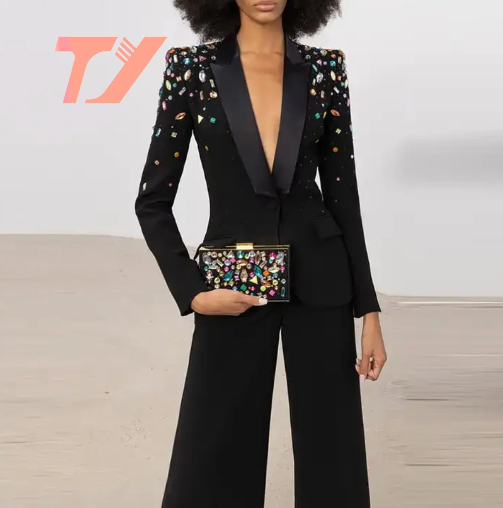 TUOYI Fashion New Heavy Industry Nail Bead Colorful Diamond Slim Fit Suit Coat Horn Pants Suit Set
