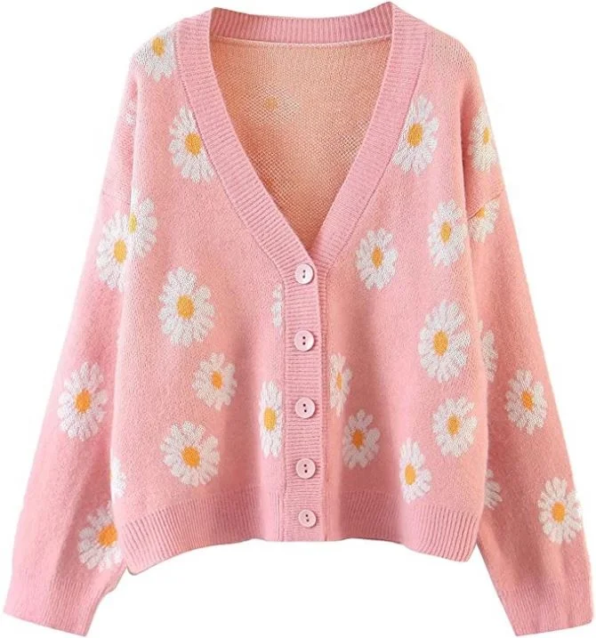 Wholesale Knit Oversized Cardigan Sweater Floral Jacquard Long Sleeve V Neck Button Down Vintage Outerwear Tops Clothing