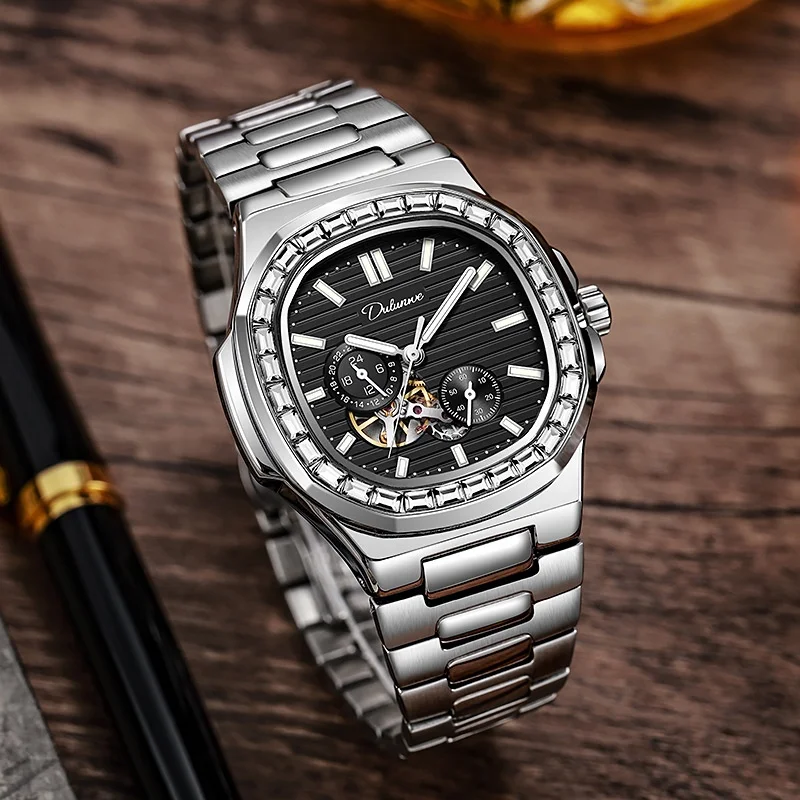 New Custom 316L Stainless Steel Skeleton Mechanical Automatic Square Men Watches Luxury Brand Quality Men Reloj Wristwatch