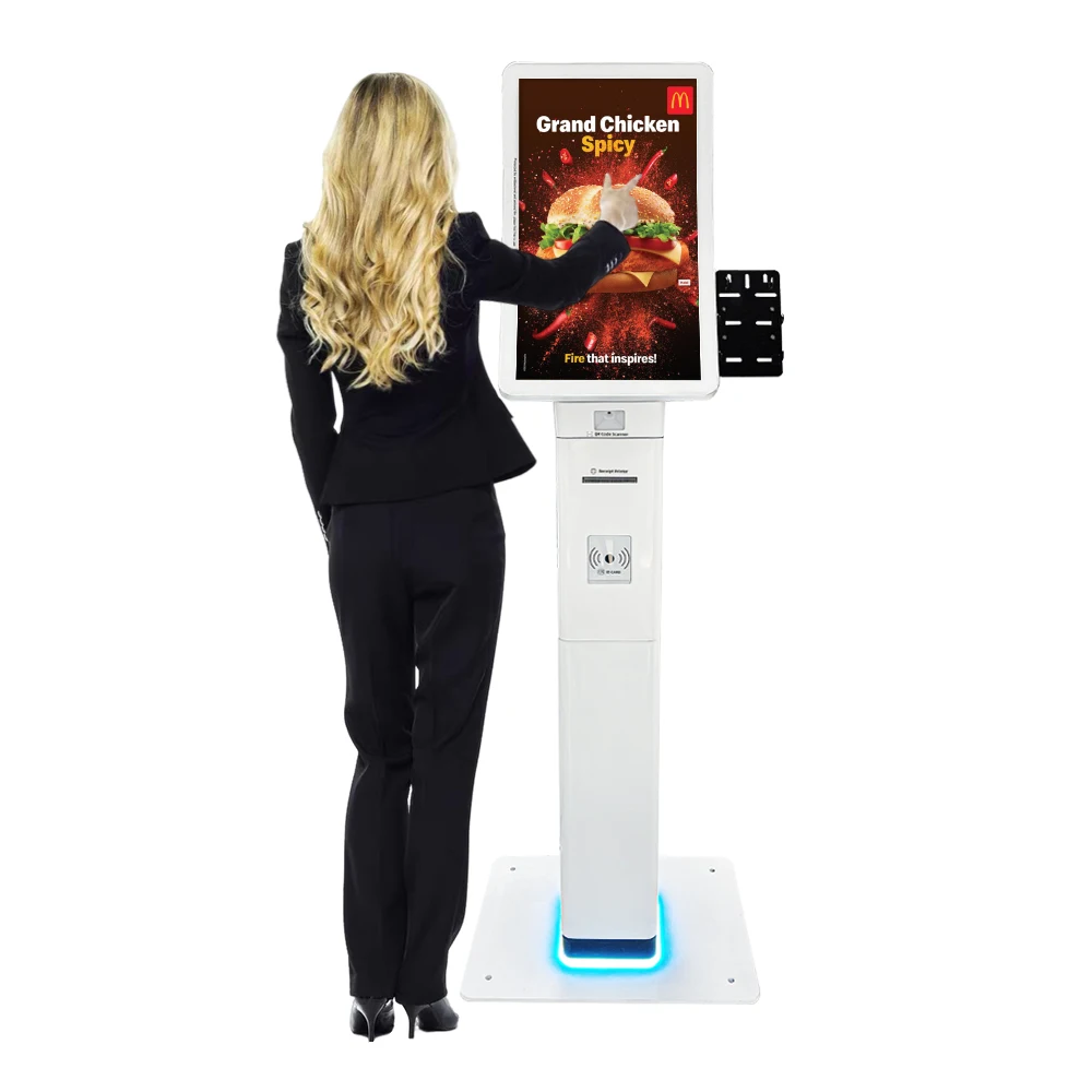 Custom bill acceptor&recycler 23.6 32 inch capacitive touch screen pos holder all in one self service payment kiosk for store