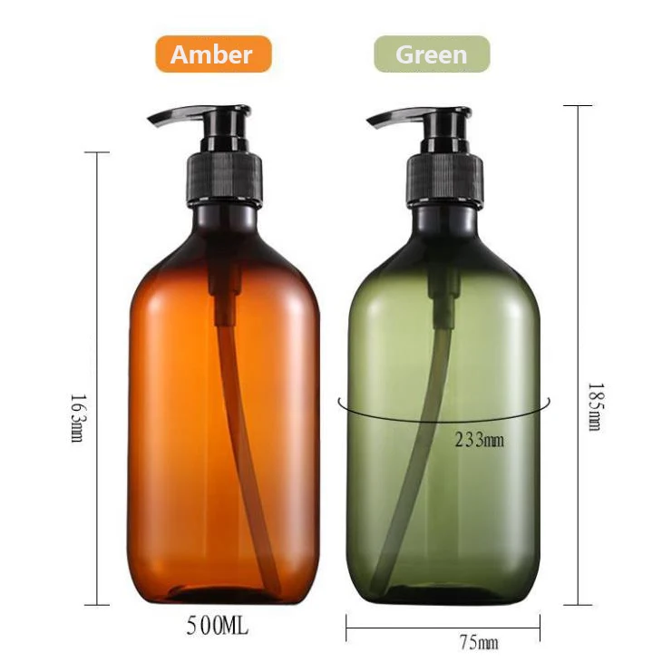 In stock  PET amber and green color 500ml luxury shampoo pump bottles