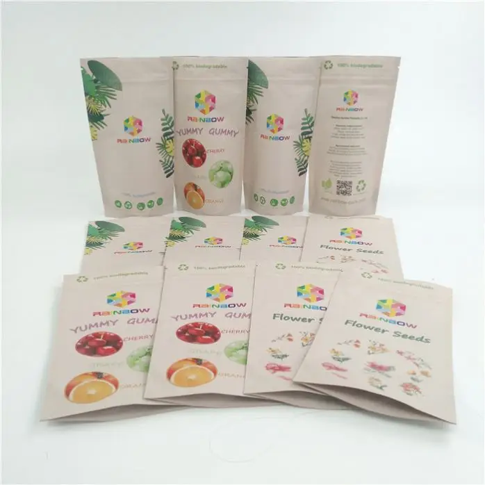 100% Biodegradable Kraft Paper Stand Up Pouch Eco Friendly PLA Material Kraft Paper Bag For Gummy Flower Seeds Packaging