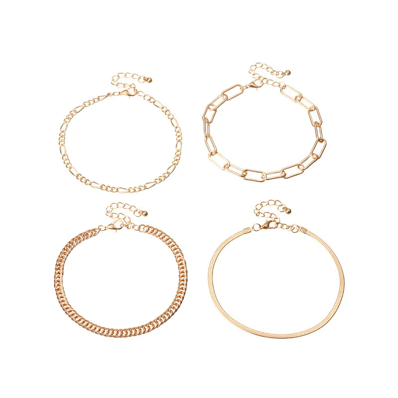  4 Foot Chain Link Fence Alloy Snake 3:1 Figaro Gold Anklet Set
