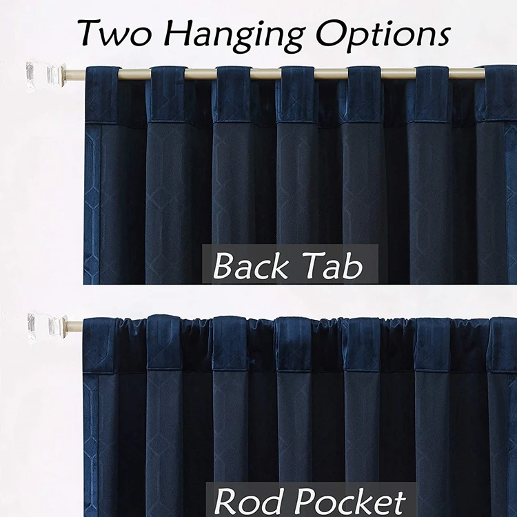 Blue Velvet Window Curtain Room Darkening 90% Blackout Panels Rod Pocket Back Tab Geometric Embossed Weave Drapes