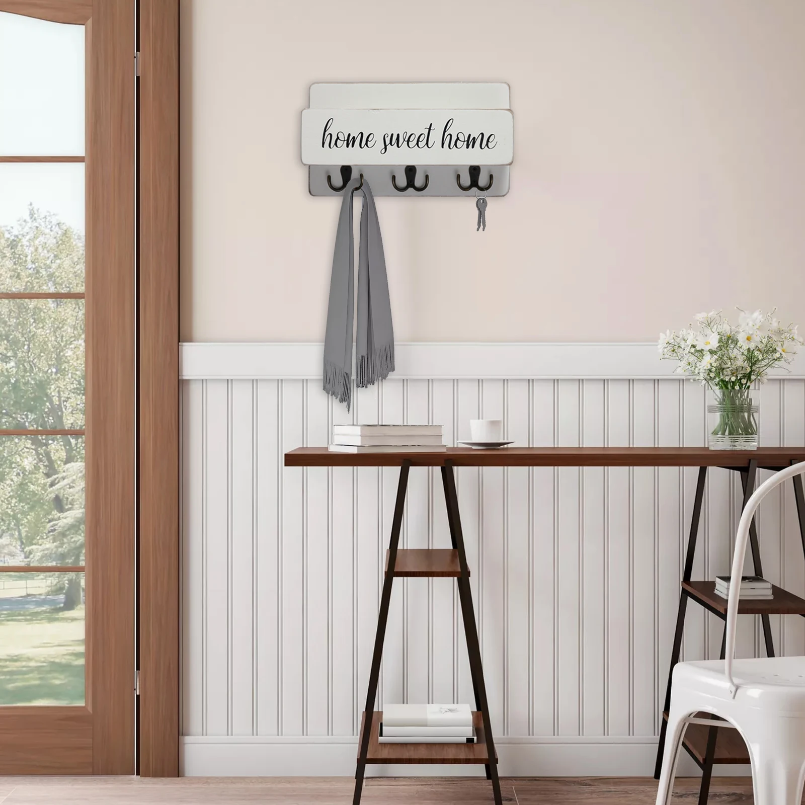 Wooden Mail And Key Holder For Wall Decorative,Rustic Home Decor Wall Mounted Mail Organizer With 3 Double Key Hooks Wall Decor