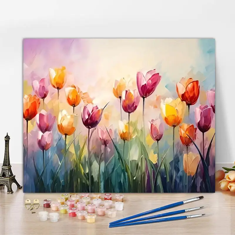 Wholesale custom Diy Colorful Tulip Paint By Numbers Kit handmade Acrylic Oil Painting For adults Home Decor & Gifts