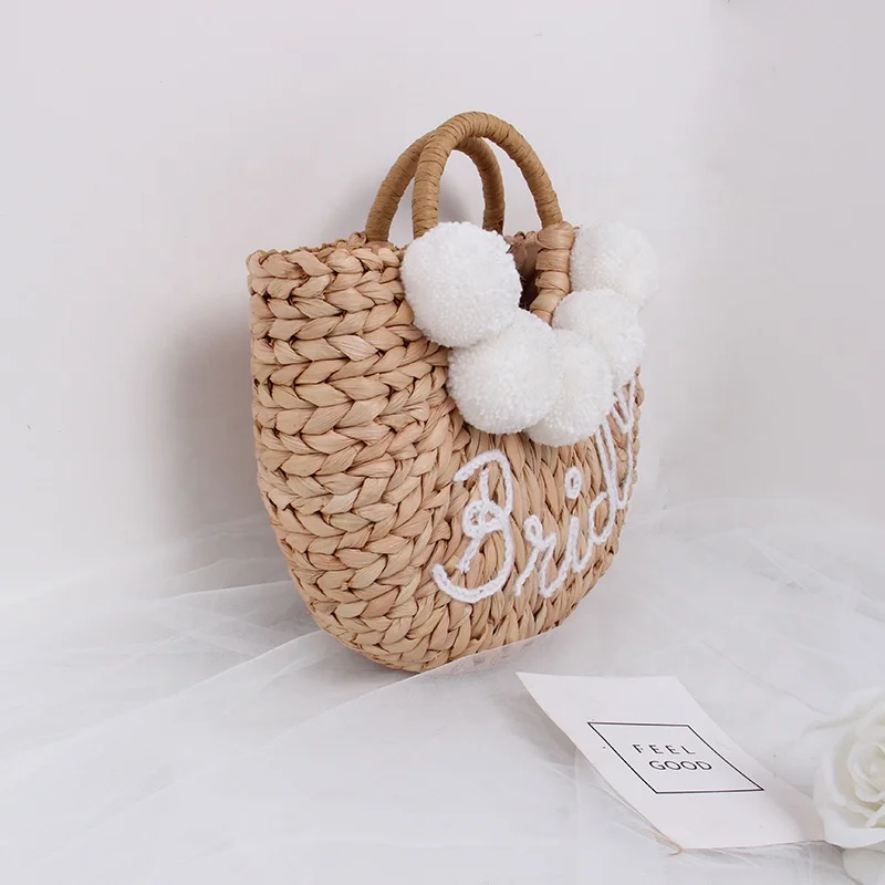 NY women travel beach tote summer handmade corn husk ladies bag accessories personality  bride wifey handbag pompom straw bag