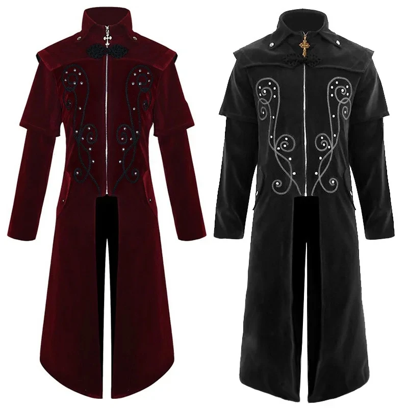 2024 Gothic Steampunk Vintage Medieval Vampire Devil Red Coat Trench Cosplay Costume Victorian Court Nobles Tailcoat Overcoat