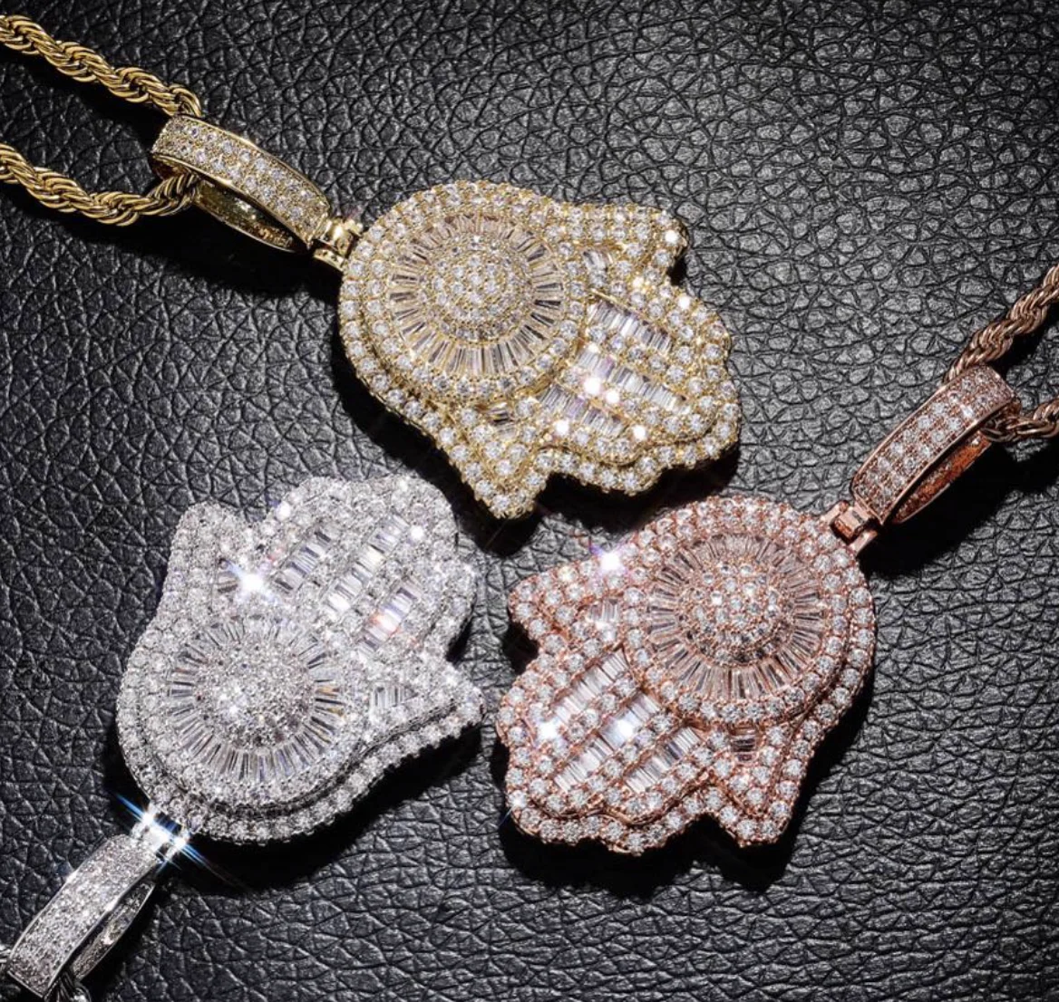 New design rose gold silver Custom Brass mico pave cz Fatima Hamsa Hand Pendant ice out luxury Hamsa Hand good luck necklace
