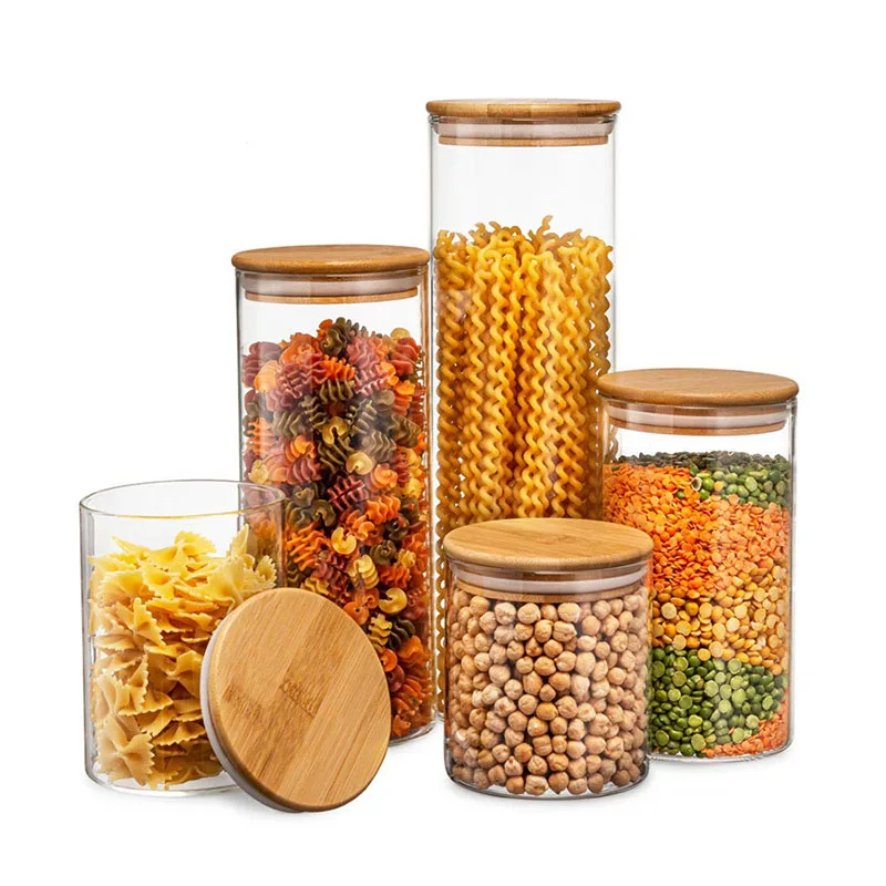 Hot sell high borosilicate kitchen storage glass jar set spice container bottles with bamboo lid
