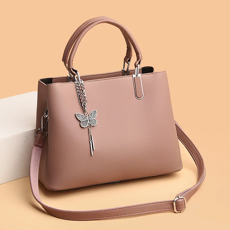 2023 Hot Sell Classic Elegant Style Plain Butterfly Decoration Embossed Litchi PU Leather Tote Shoulder Bag Handbags
