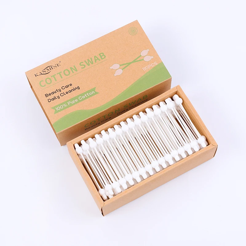 Eco-friendly Biodegradable Cleaning Organic 110Pcs Baby Gourd Head Paper Stick Cotton Bud With Kraft Box Package