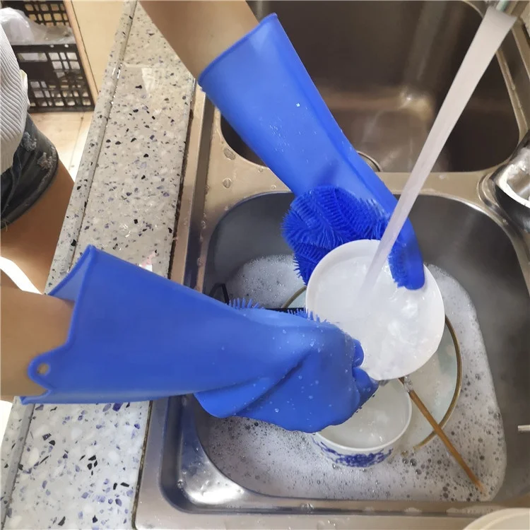 Hot sale waterproof dish washing household gloves rubber kitchen cleaning gloves reusable silicone gloves