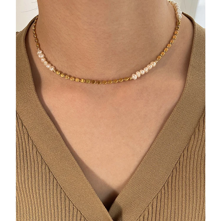 Flat Beads Chain Natural Freshwater Pearl Necklace Brass 18K Gold Plated Necklaces Women Vintage Boho Elegant Jewelry 2022 New