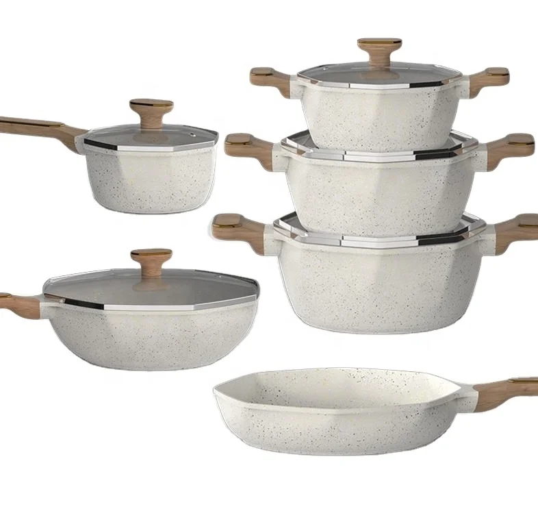 New design octagonal cast aluminum cookware set with wooden soft touch handle