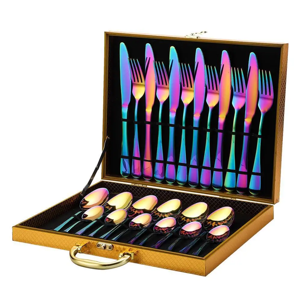 Hot Selling Wedding Golden Tableware 24pcs Stainless Steel Cutlery 1010 Tableware Set Knife Fork Spoon Flatware With Wooden Box