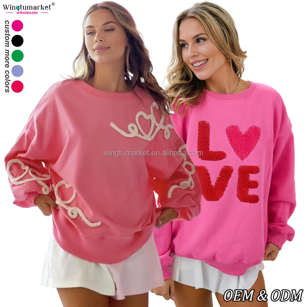 Valentine day custom sweatshirts sequin pullover heart chenille thread embroidered oversized crewneck sweatshirt for women