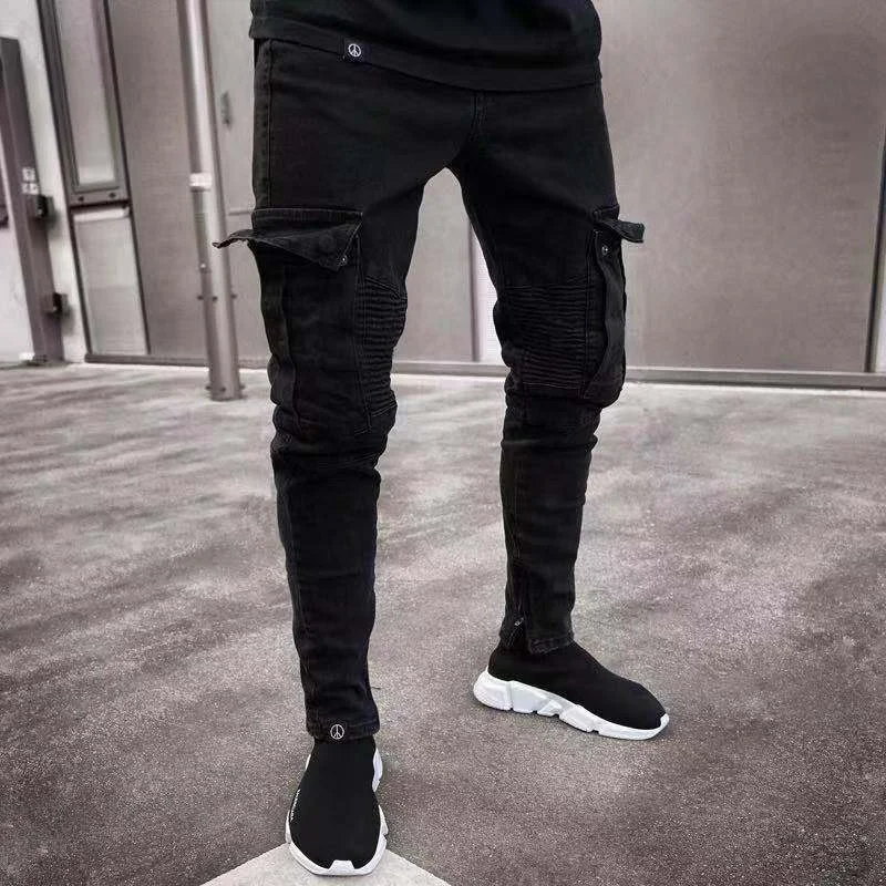 New Custom Pencil Skinny Ripped Slim Fit Black Pocket Denim Men Jeans