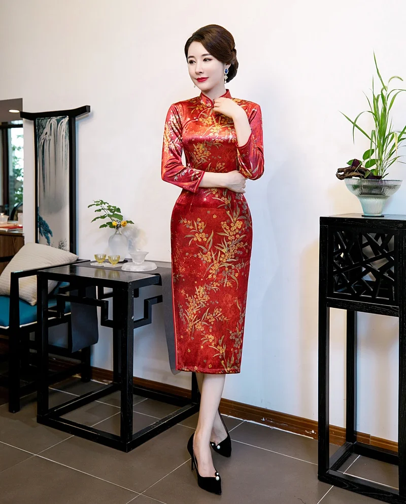 Облегающее платье-Ципао из бархатной ткани, до колена, с цветочным принтом и рукавом 3/4