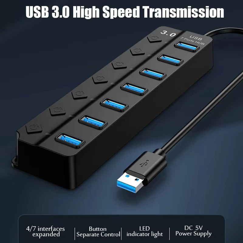 USB Hub 3.0 Multiprise  High Speed Splitter 7 Port 5Gbps Hub Power Adapter with Switch Long Cable with Multiple Expander Hub