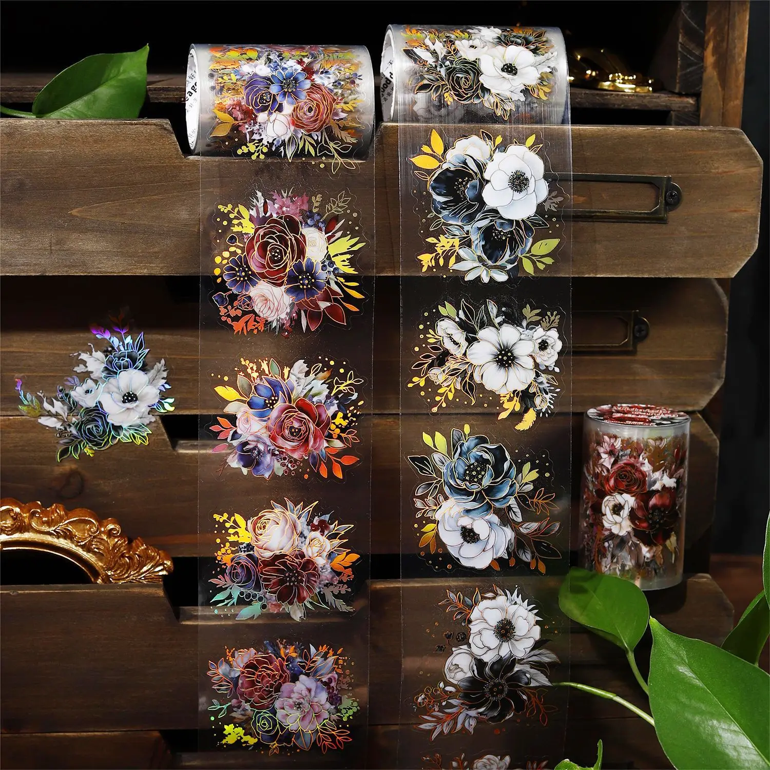 1 roll/piece of tape Midnight Garden series plant themed ledger DIY material circulation stickers, 6 styles