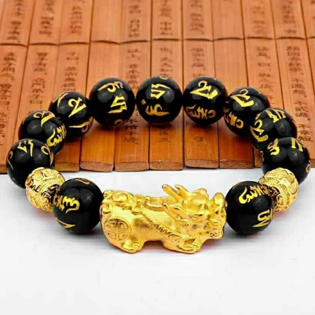 
Wholesale Charm Lucky Fortune Natural Feng Shui Black Obsidian Pixiu Bracelet For Men and Women 