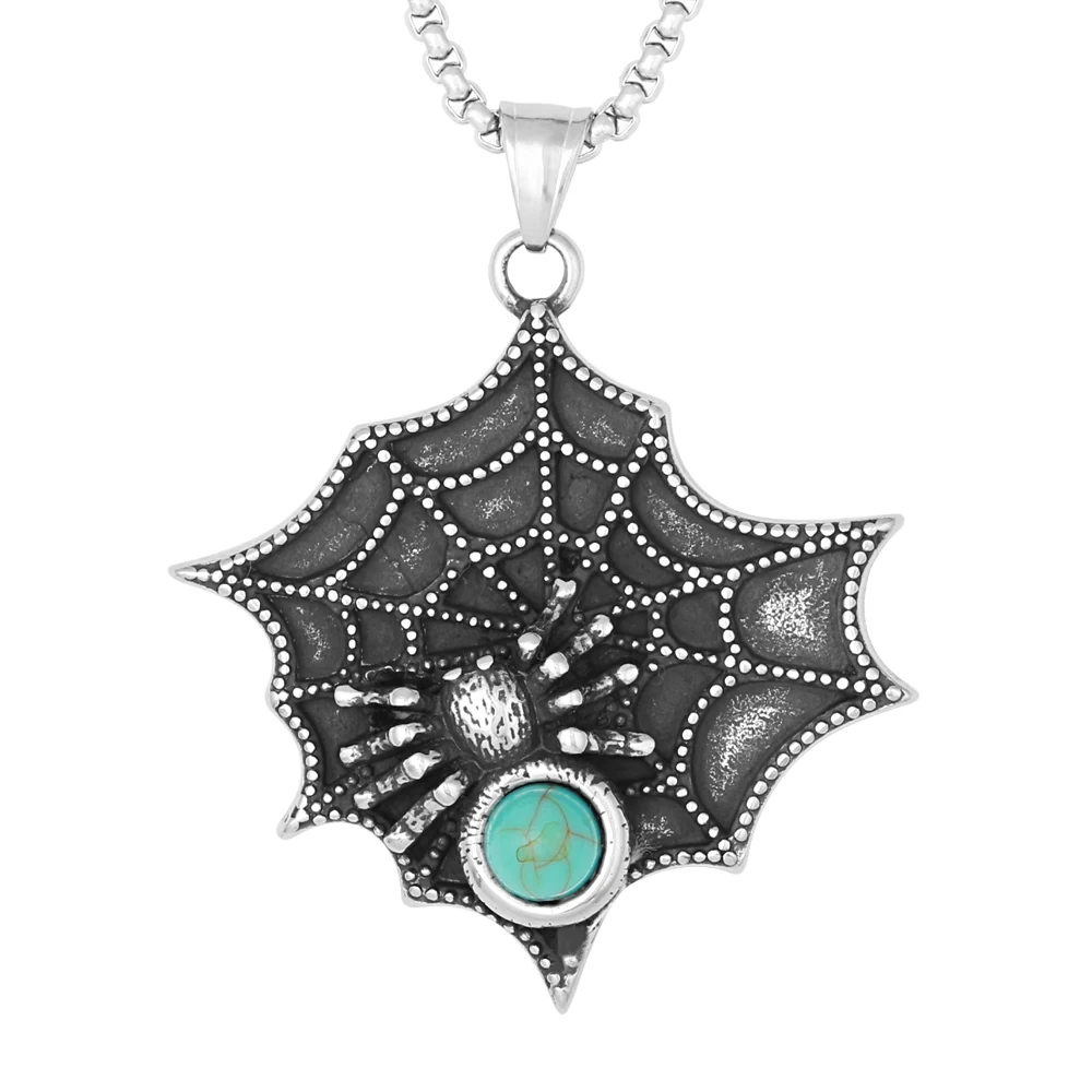Wholesale Custom Gothic Halloween Turquoise Jewelry Punk Stainless Steel Spider Web Charm Pendant Necklace For Women Men