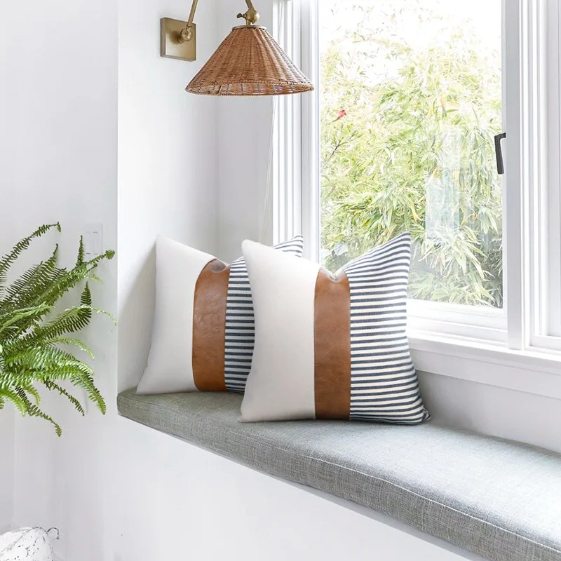 Pillow Covers Farmhouse Decor Stripe Patchwork Linen Throw Pillow Covers Modern Faux Leather Cushion Covers