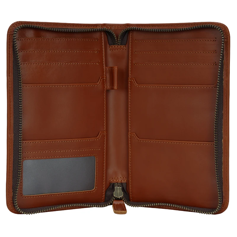 Hot Selling Wholesale Factory Full Grain Leather Passport Wallet Holder With Pen Slot Zipper Bag Genuine Leather Passport Cover