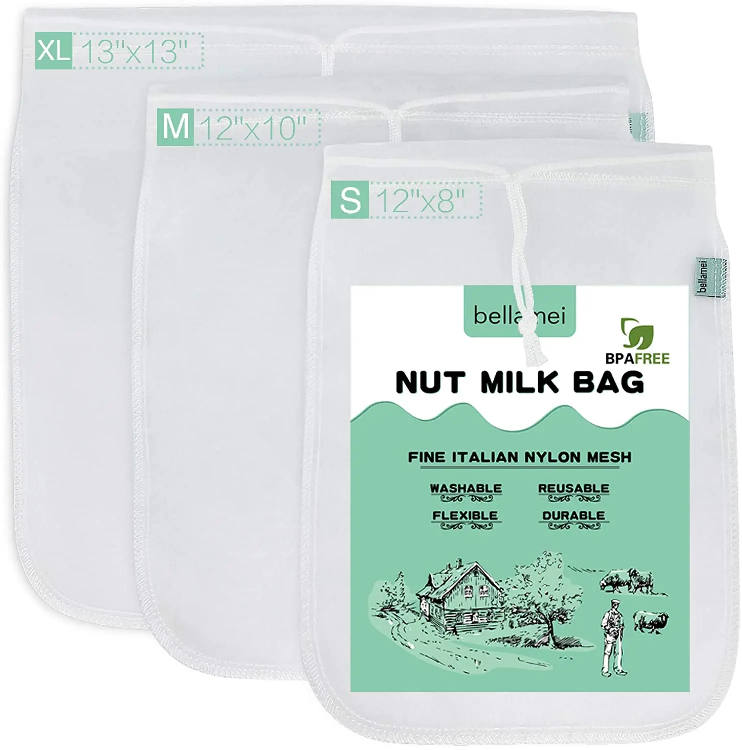 Organic Nut Milk Bag set Reusable for Cold Brew Coffee Tea Beer Juice Nylon Mesh