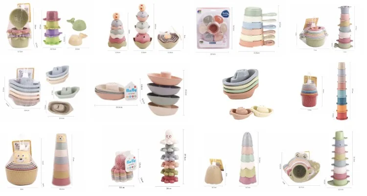 2022 New Cheap Kids Toy Supplier Wholesale Eco Baby Wheat Straw Colorful Bath Stacking Cup Educational Toy Set