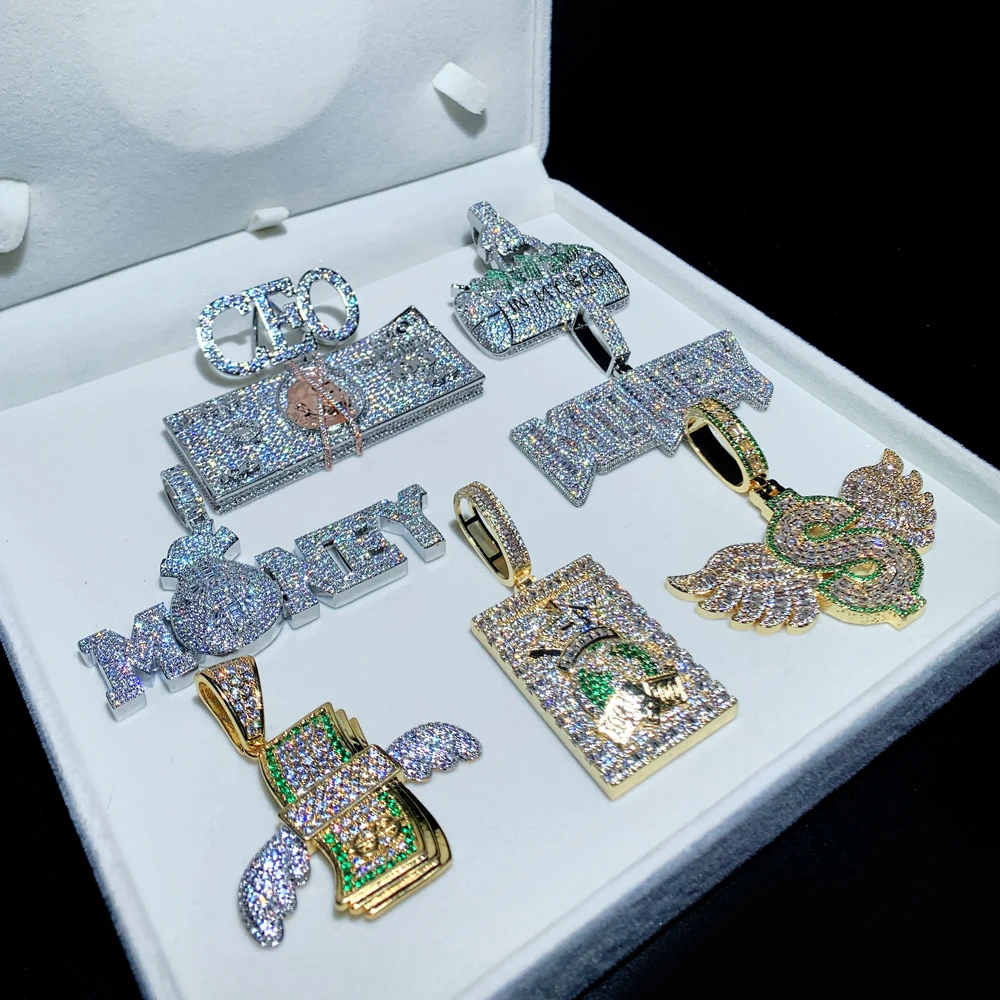 iced out bling hip hop men boy jewelry custom trendy dollar $ money bag letter baby bear pendant necklace