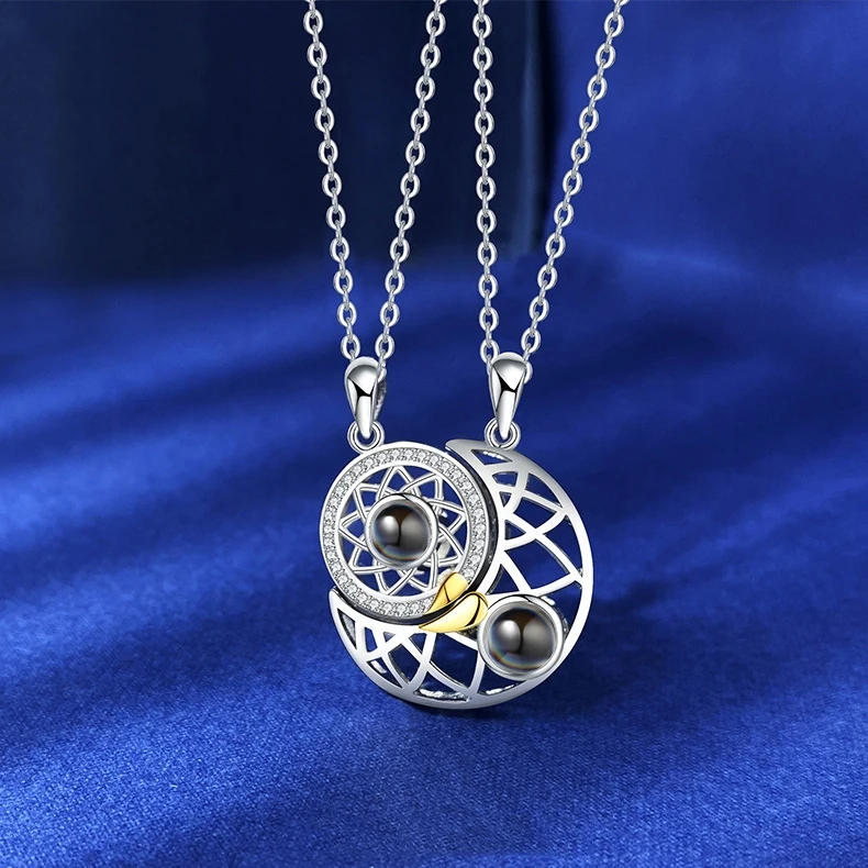 925 Sterling Silver Moon And Sun Magnetic Necklace Attraction Pendant 100 Languages I Love You for Couple