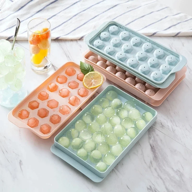 18/33 Grids Sphere Plastic Pebble Ice Tray with Lids Home Bar Party Round Ball Ice Cube Makers Kitchen DIY Ice Cream Mold Tool
