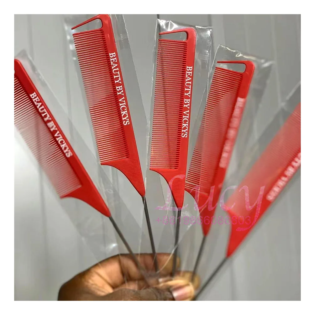 Hot selling custom private label Pink Hair Tinting Parting Comb salon styling metal pin rat tail carbon braiding comb for women