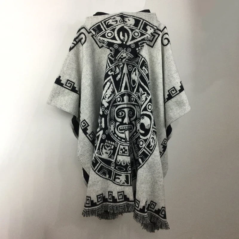 Tribal Native American Hoodie Custom Hooded Poncho Pullover Unisex Aztec Wool Poncho Fringed Southwestern Print Hooded Poncho