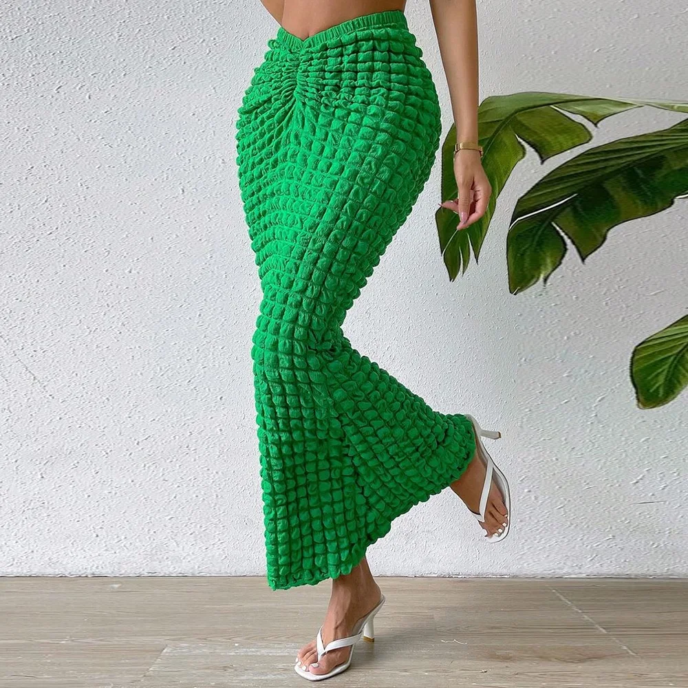 Sexy Popcorn Slim Long Skirt Women High Waist Solid Green Pencil Skirts 2023 Fall Elegant Bubble Grunge Clothing Bodycon Skirt