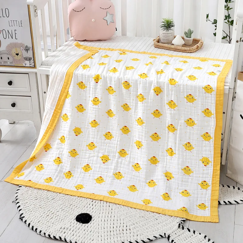 stock 110*110 cm 350 g/pc baby 6 layers muslin newborn quilt infant 100% cotton fabric swaddle blankets with colored border