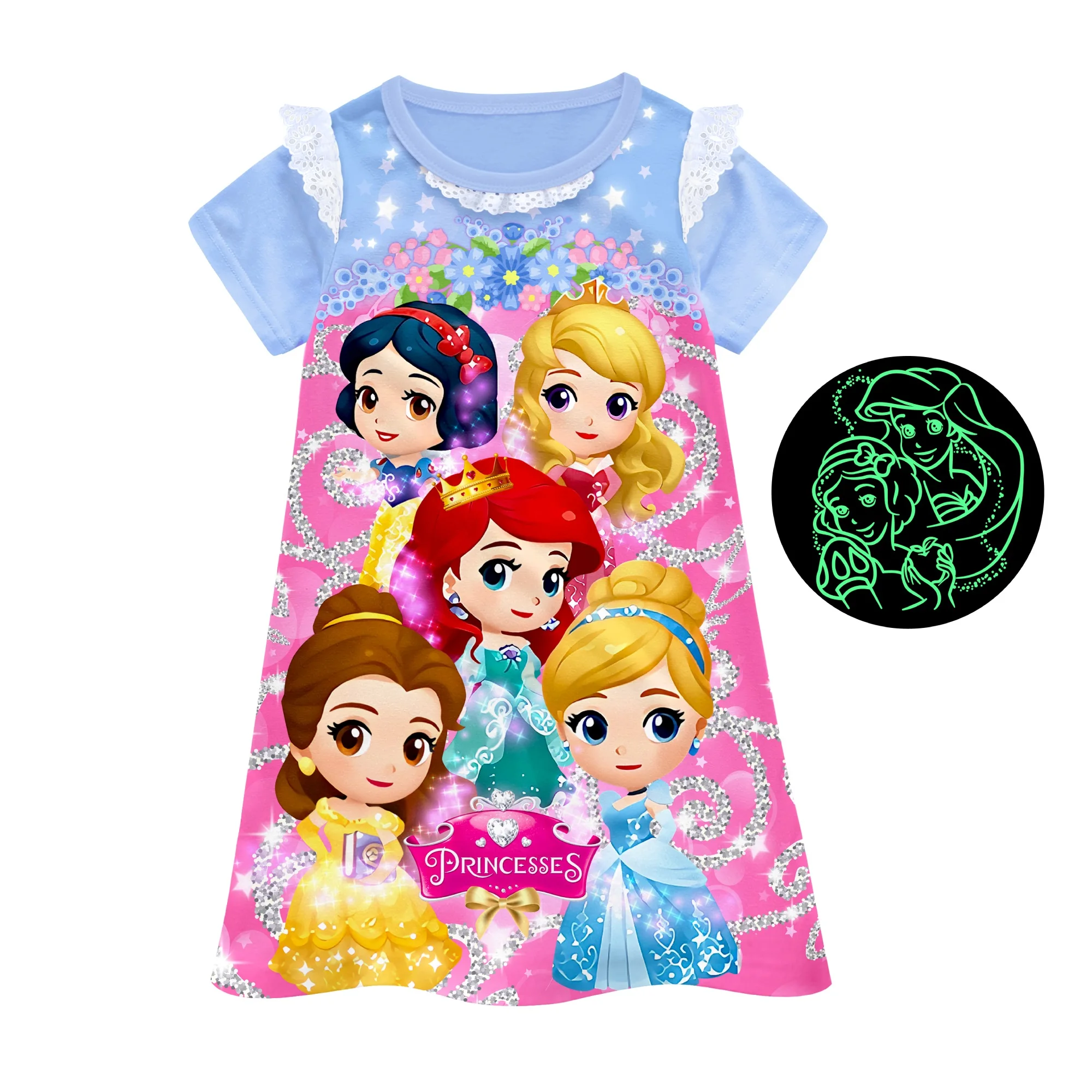 princess night dress  cartoon glow in the dark nightgown kids sleepwear