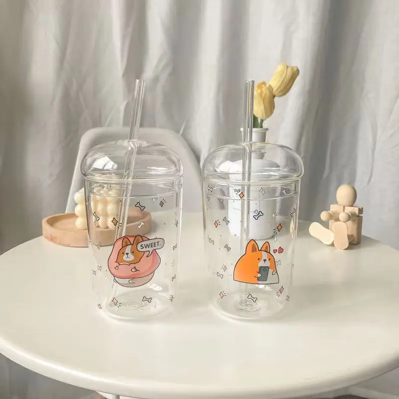 Новый дизайн корейские стеклянные стаканы для питьевой воды с цветочным принтом ins 16 унций стакан из боросиликатного стекла соломинкой и крышкой