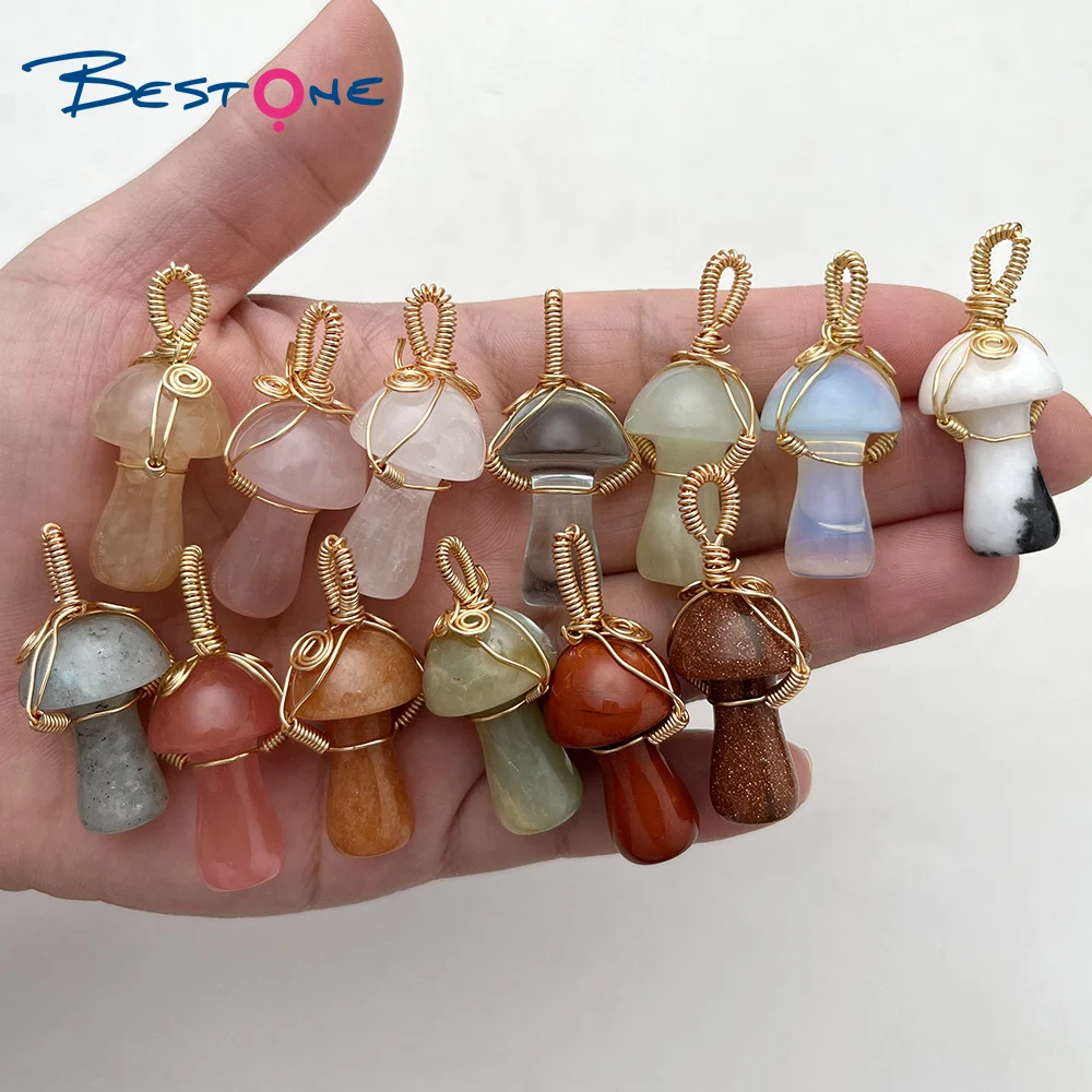 Bestone Custom Gemstone Stype Pendant Chain Necklace Handmade Mushroom Semi-Precious Stones Necklace