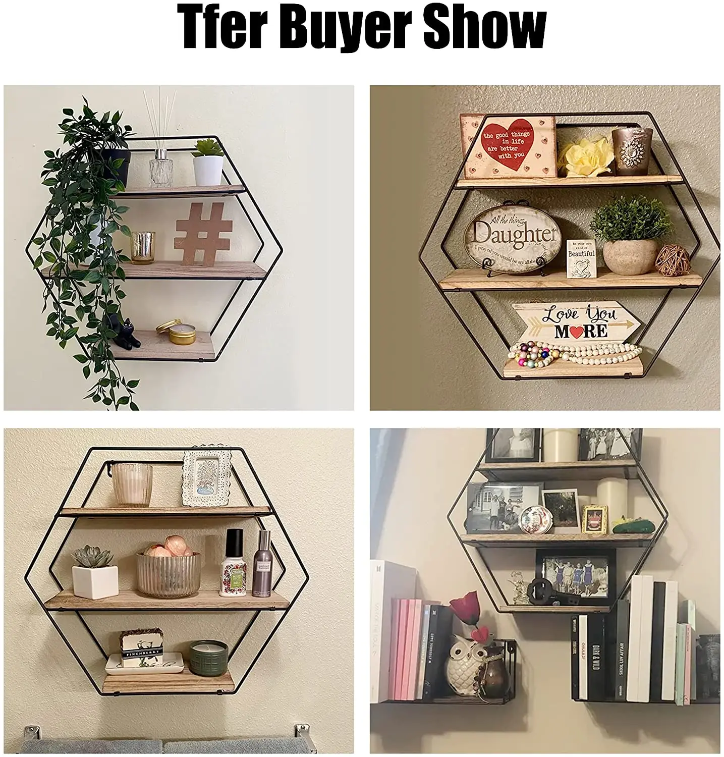 Floating Shelves Wall Mounted Hanging Shelf Hexagon Rustic Farmhouse Shelves for Wall Decor,Storage | Metal Bracket and Reclaime